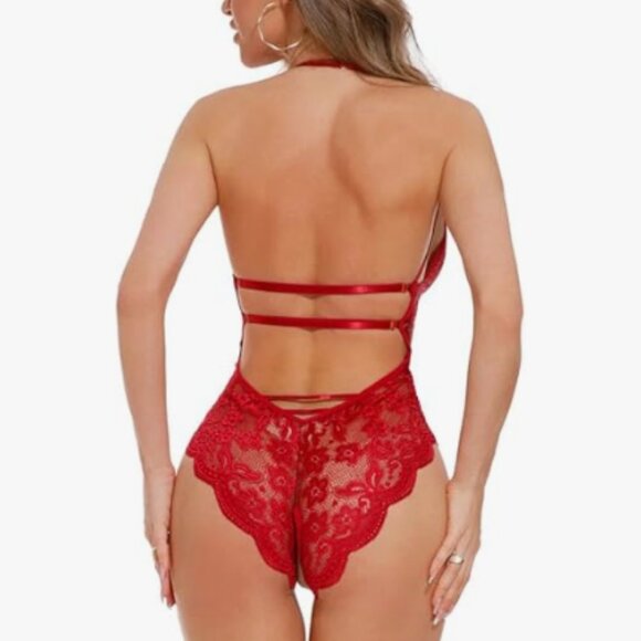 Elegant Seductive Red Scalloped Lace Teddy Bodysuit - Picture 3 of 12